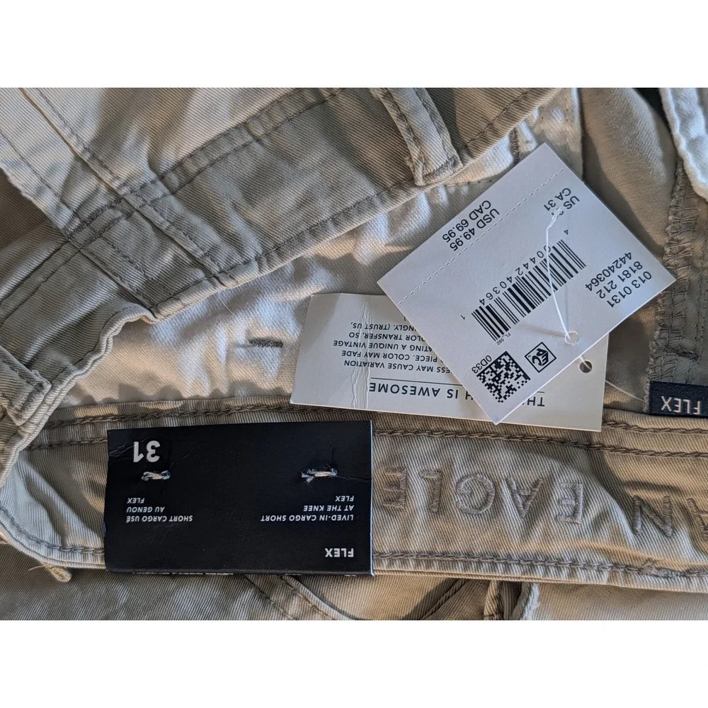 American Eagle NEW Flex Lived In Cargo Shorts NWT Khaki Beige Men's Size 31 Code